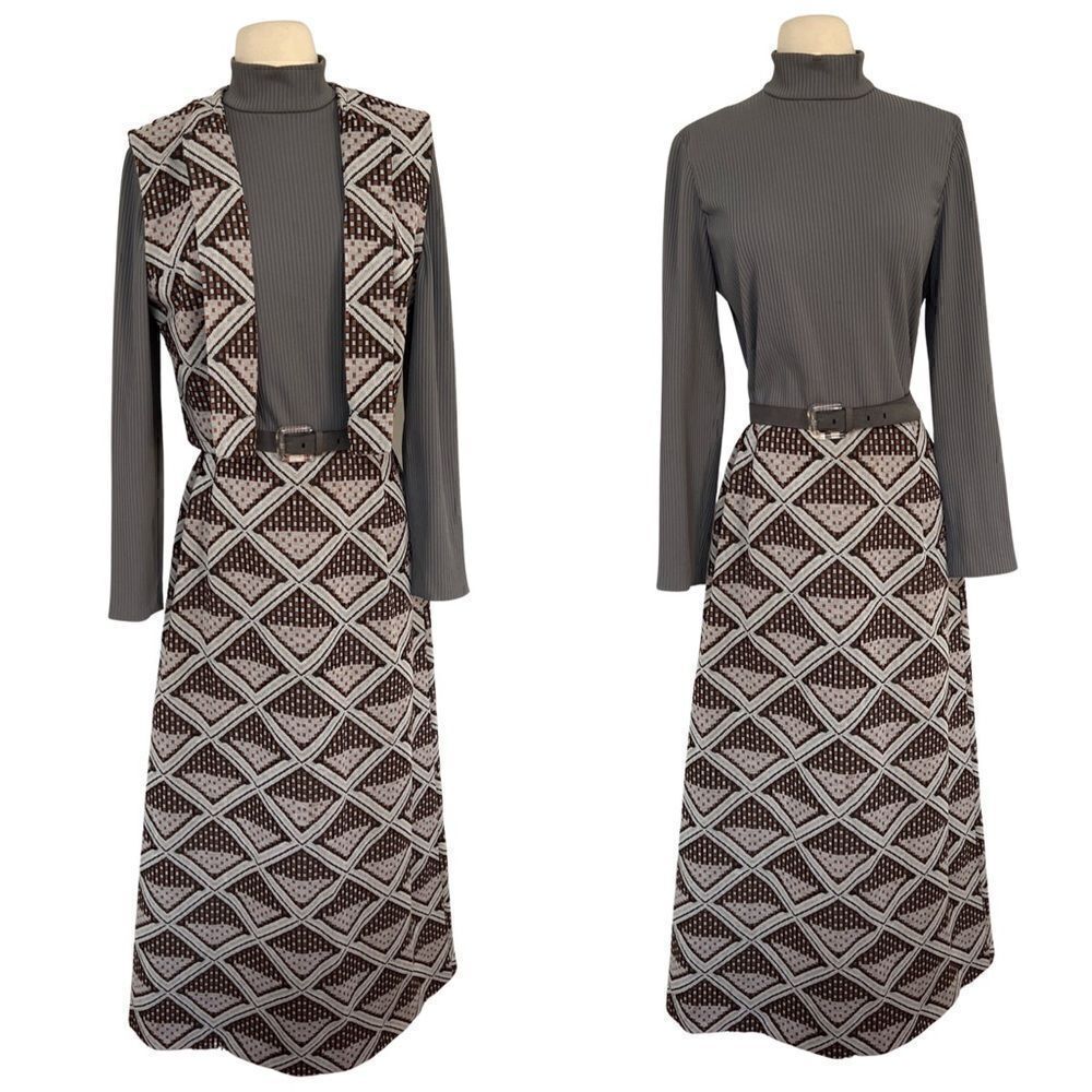 Swoonworthy Vintage 70s Boho Hippie 3 Piece Belted Vest Maxi Dress Set